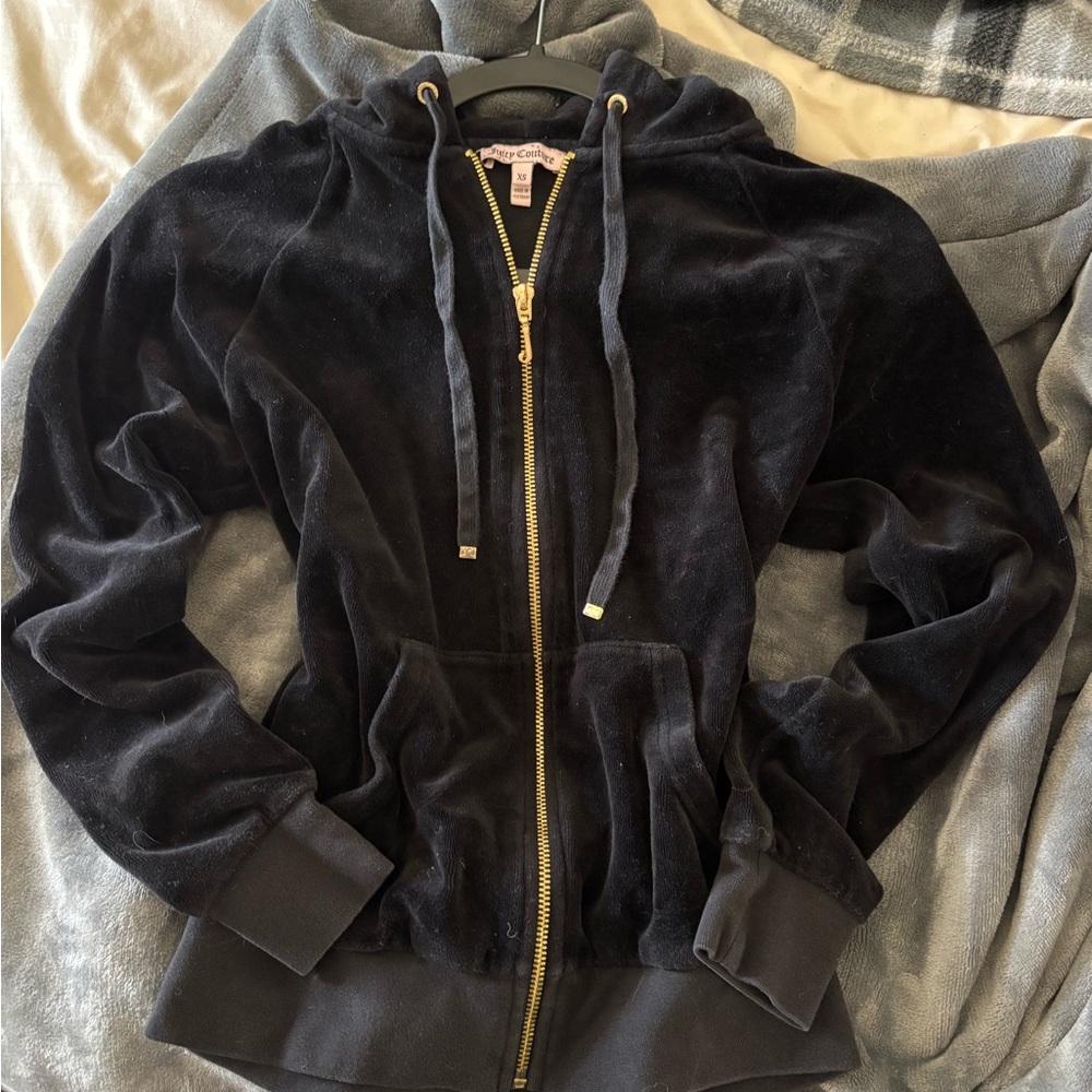 Vintage Juicy Couture Black Velour Zip Hoodie XS Y2K Coquette